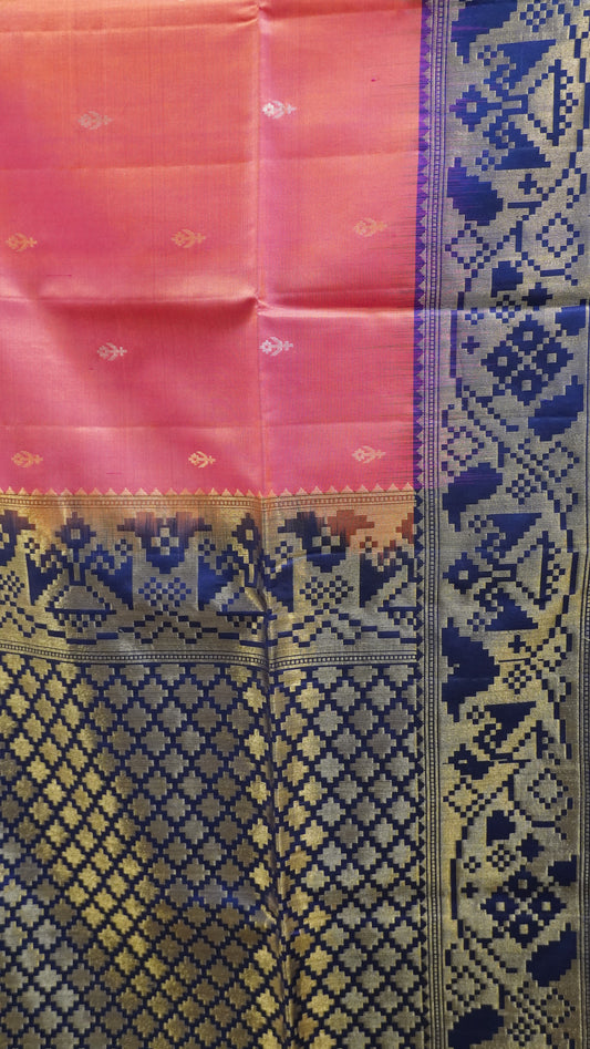 Pure Soft Silk Saree - Pinkish Orange-Navy Blue