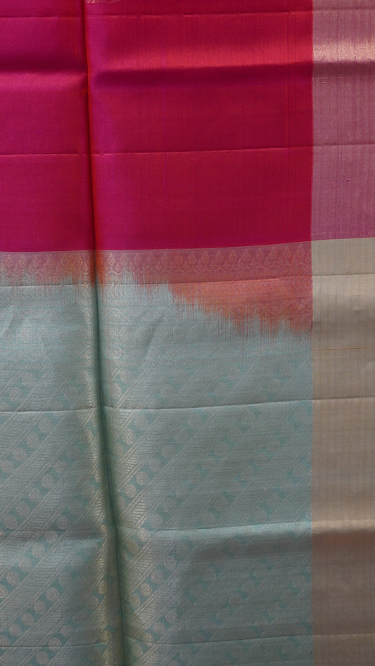 Pure Soft Silk Saree -Redish Pink-Pista Green