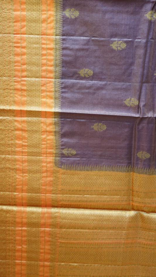 Pure Tussar Saree - Chocolate Brown-Orange