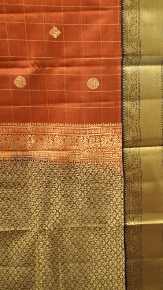 Pure Kanjivaram Silk Saree - Chakram Checks-Honey