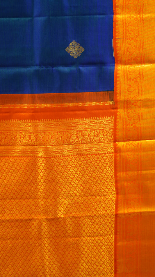 Pure Kanjivaram Silk Saree - Peacock Blue-Orange