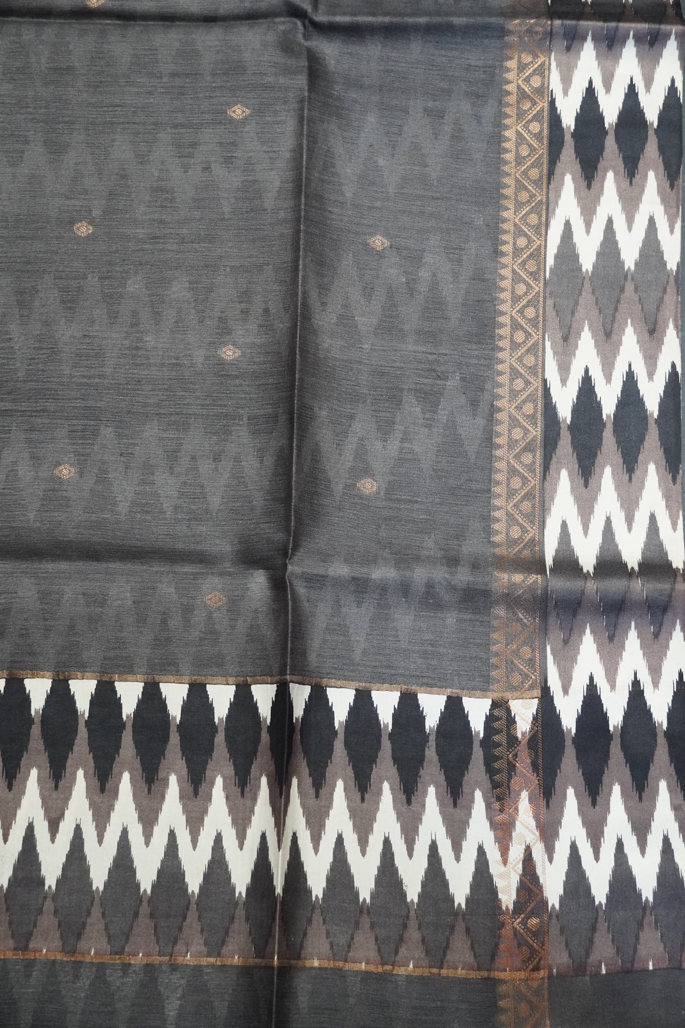 Pure Tussar Saree - Ikkat Border Grey