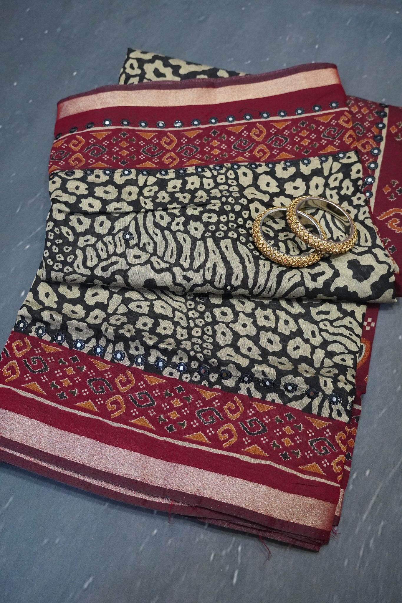 Malai Cotton Saree - Abstract Pattern Mirror Work Black