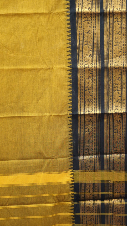 Kanchi Cotton Saree - Double Border- Mustard-Black