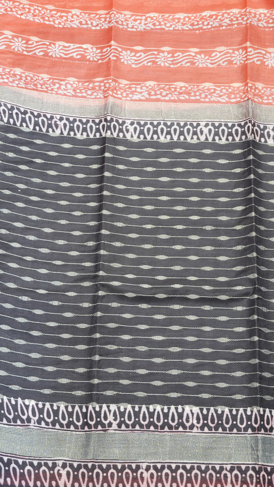 Semi Bhagalpur Tussar Saree-Pale Orange Block Print