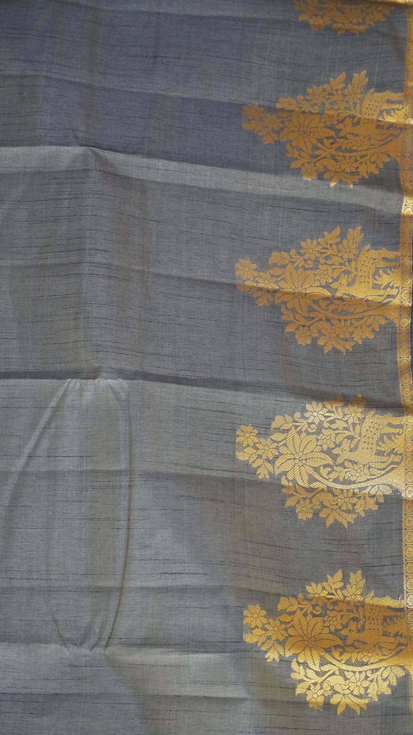 Semi Tussar Saree -Greyish Blue Deer Small Border