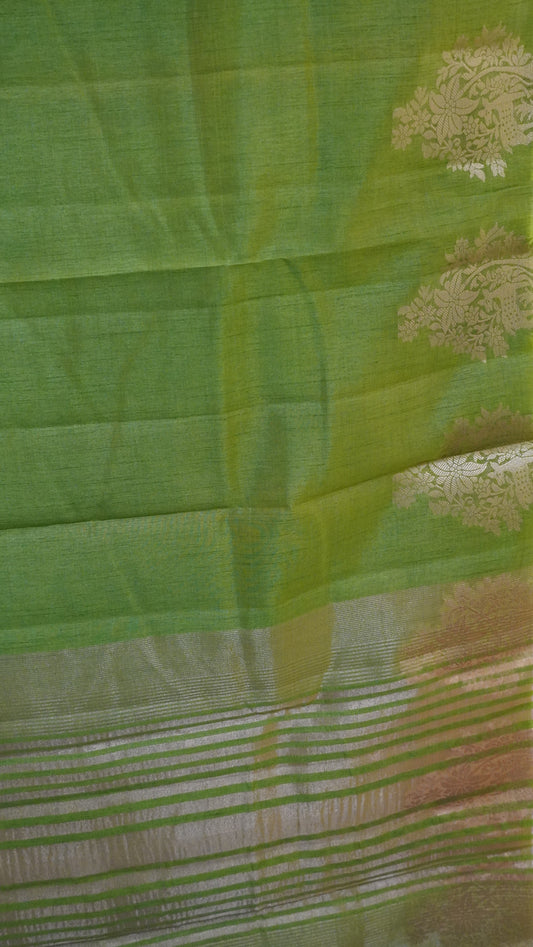 Semi Tussar Saree -Lite Green Deer Small Border