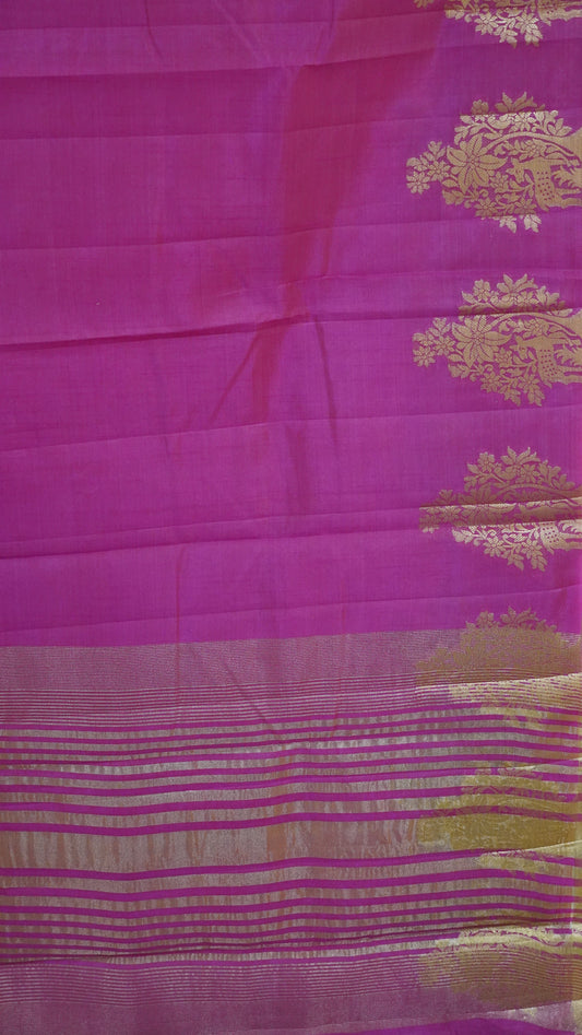Semi Tussar Saree -Rani Pink Deer Small Border