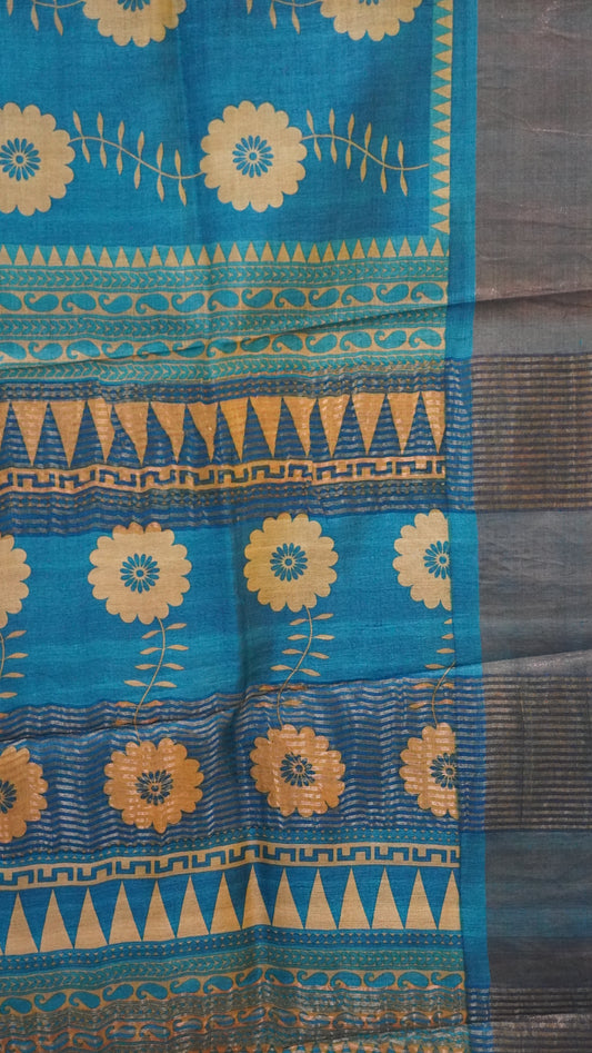 Pure Tussar Saree - Ramar Blue Floral