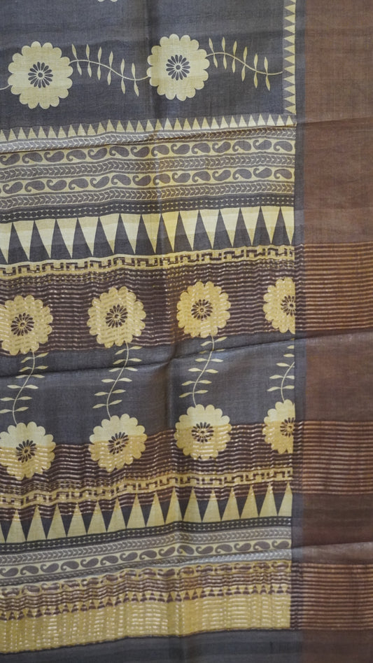 Pure Tussar Saree - Brown Floral
