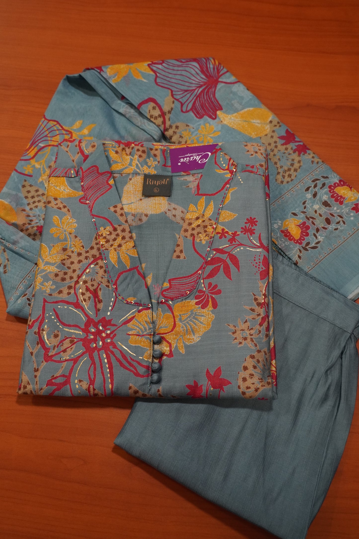 3 Pc Kurti Set - Greyish Blue