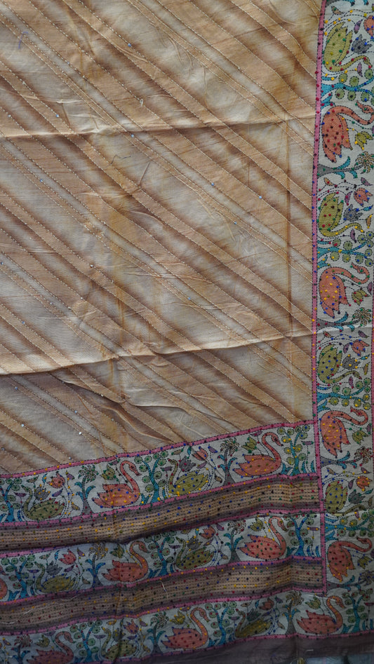 Semi Tussar Saree With French Knot & Kantha Work - Brown