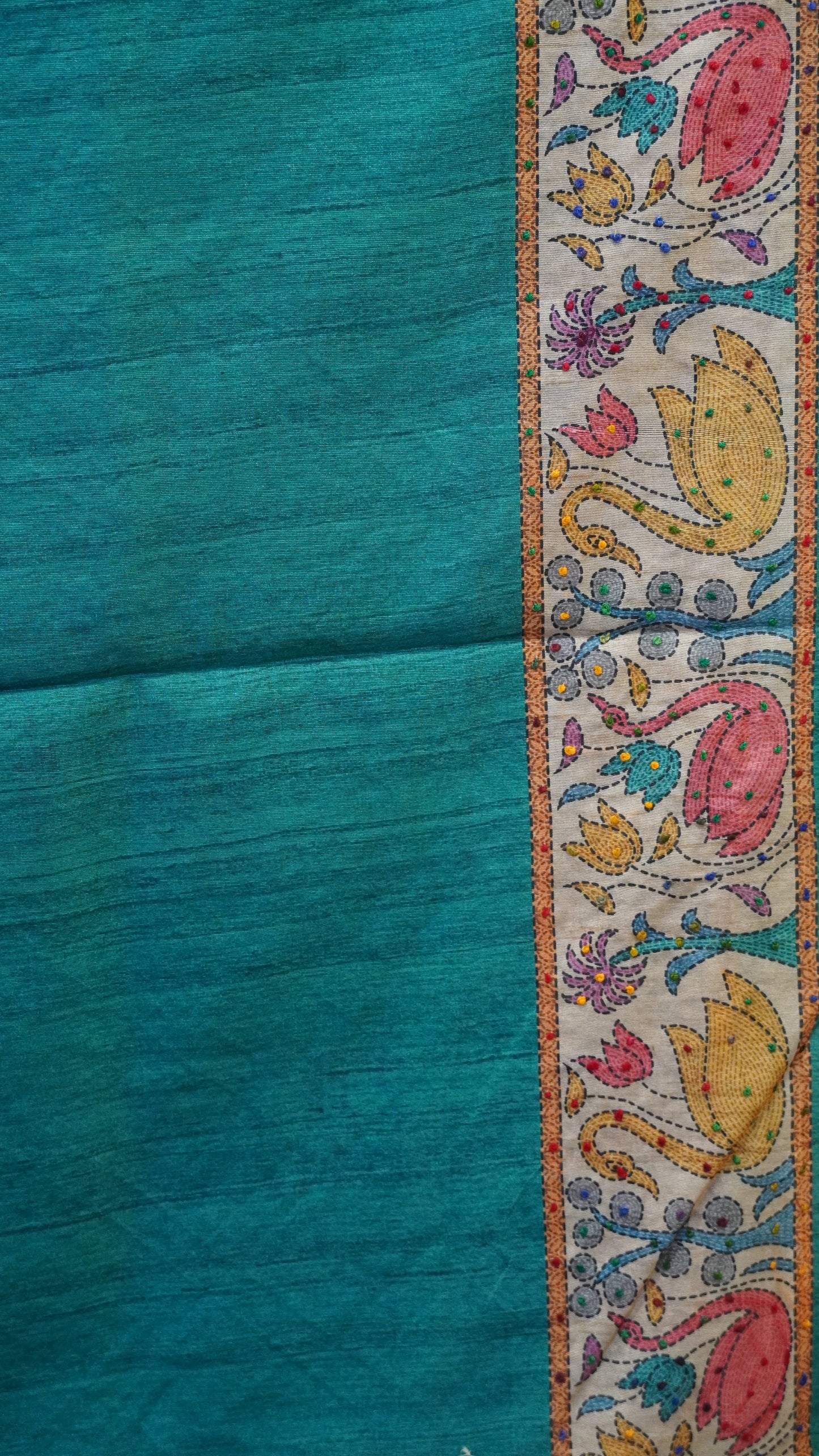 Semi Tussar Saree With French Knot & Kantha Work - Blue
