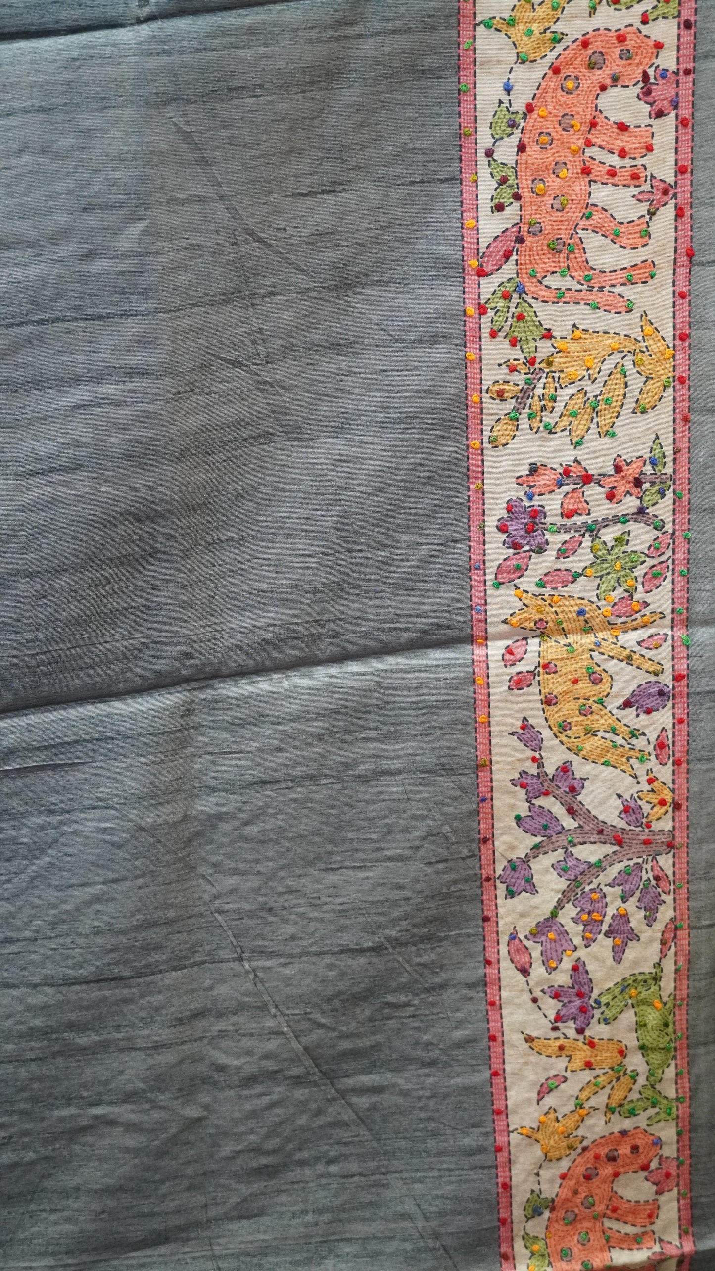 Semi Tussar Saree With French Knot & Kantha Work - Beige