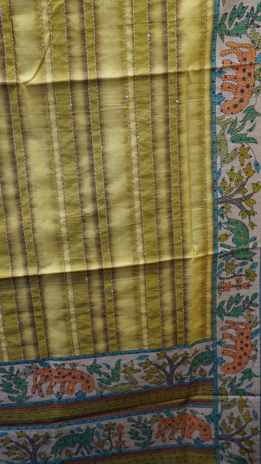 Semi Tussar Saree With French Knot & Kantha Work - Green