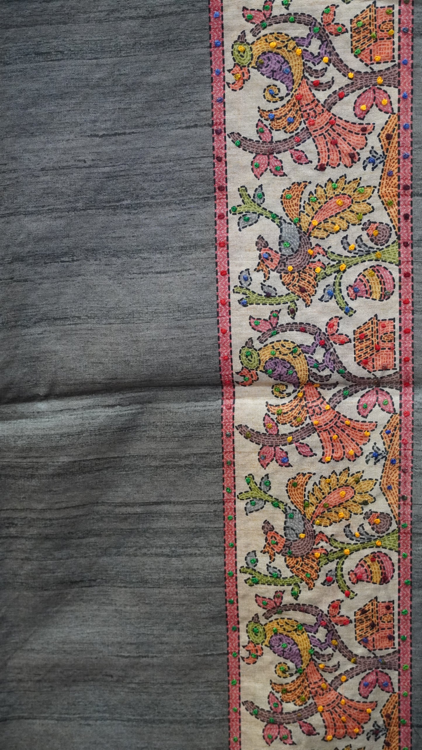 Semi Tussar Saree With French Knot & Kantha Work - Beige