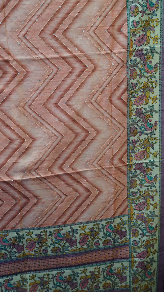 Semi Tussar Saree With French Knot & Kantha Work - Peach