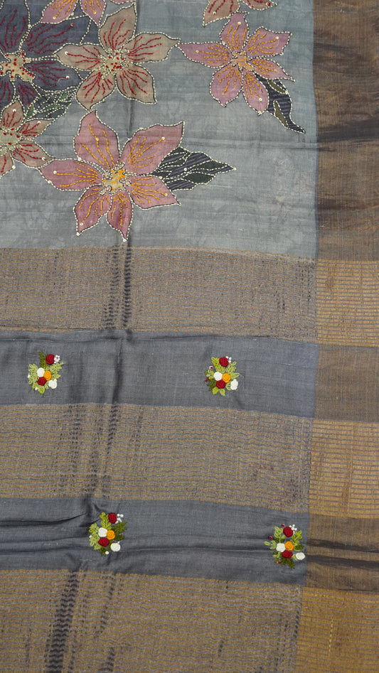 Pure Chanderi Saree -Grey Lotus Chanderi Kantha Work