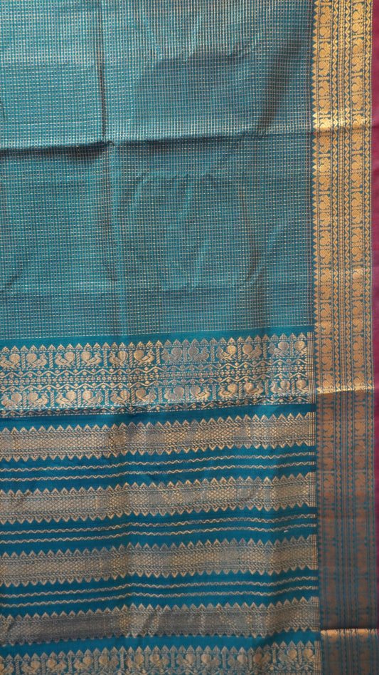 Pure Silk Cotton Saree-Blue Small Checks Zari