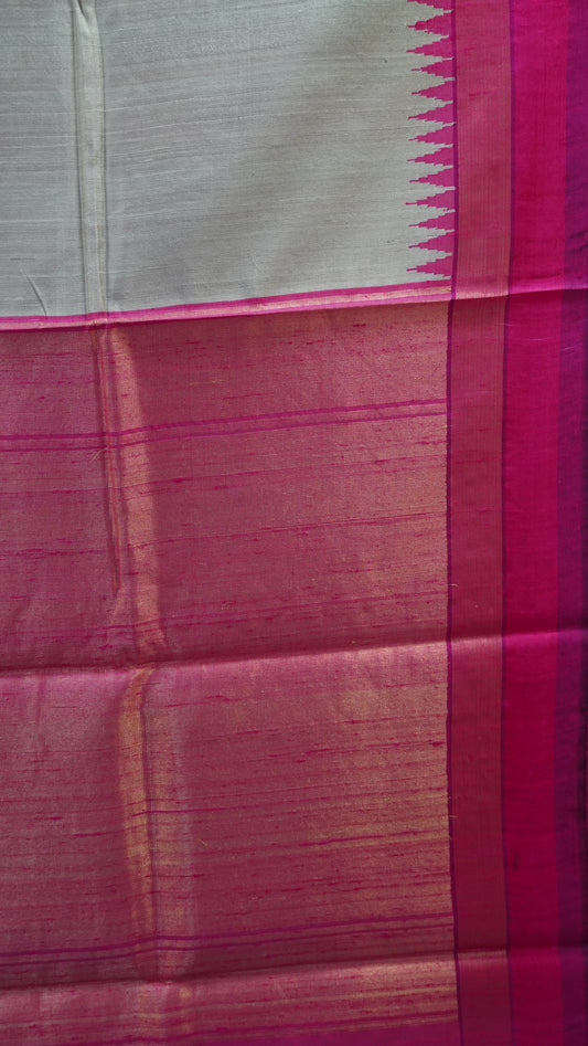 Pure Dupion Silk Saree - Small Tower Border Muted Sage Green