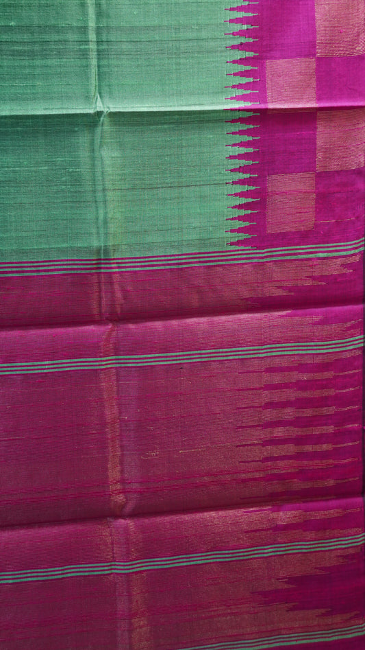 Pure Dupion Silk Saree - Checks Border - Pista Green