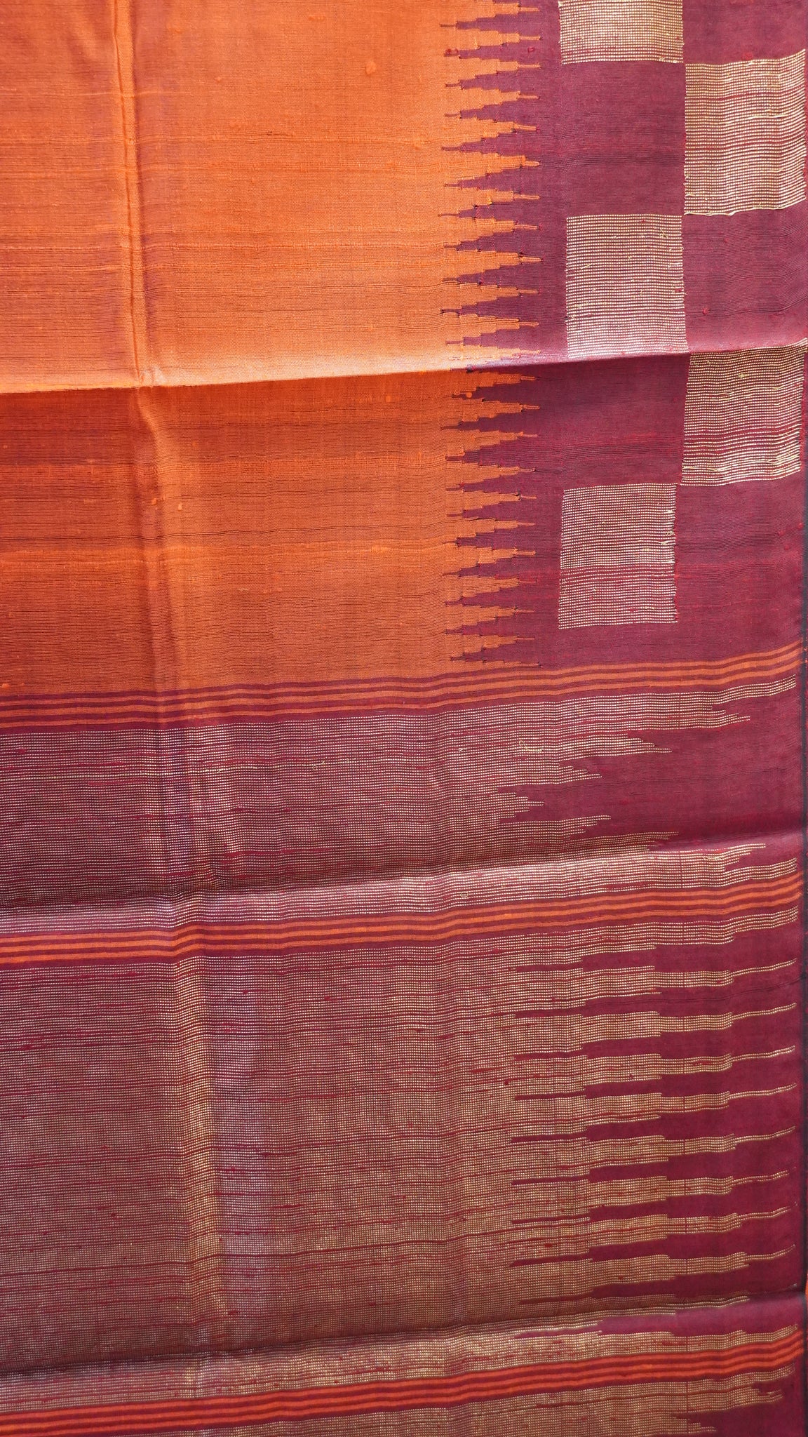 Pure Dupion Silk Saree - Checks Border - Dark Orange.