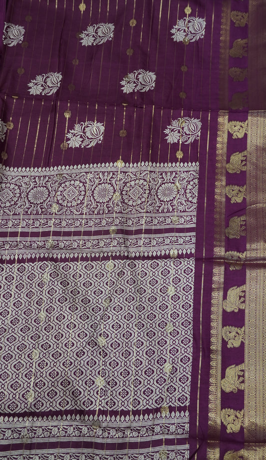 Semi Dola Silk Saree- Lotus Zari Lines-Wine
