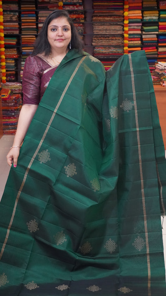 Pure Soft Silk Saree Kolam Print Bottle Green