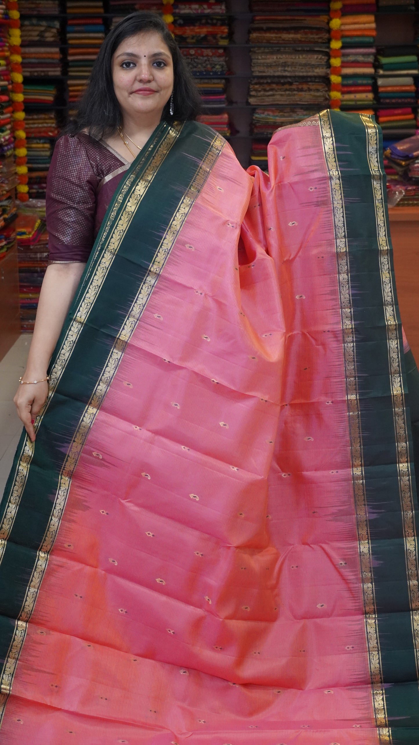 Pure Soft Silk Saree Rettapet Border Pink to Green