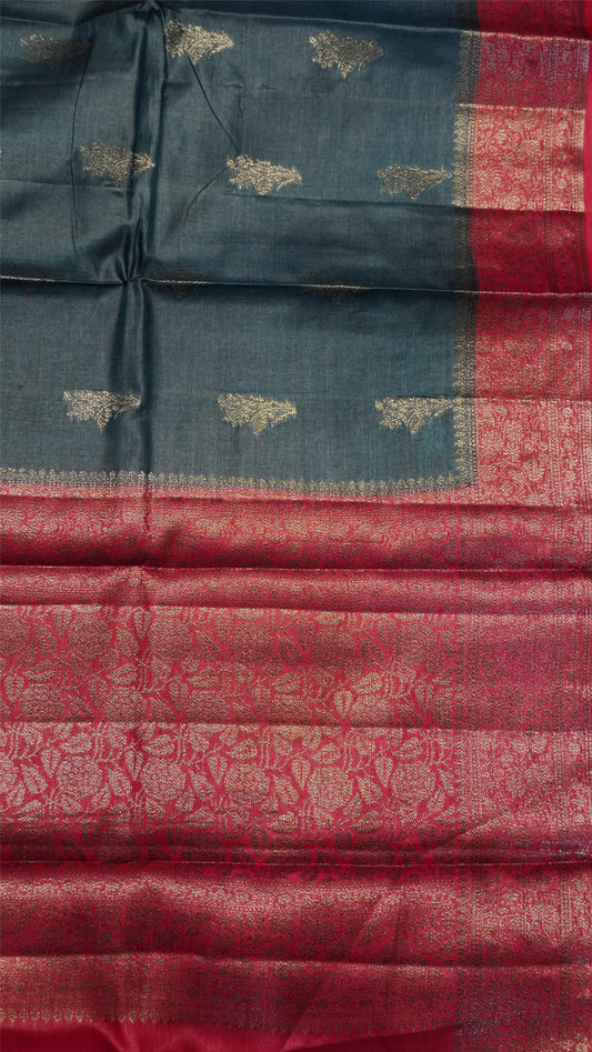 Pure Tussar Saree - Floral Zari-Peacock Blue