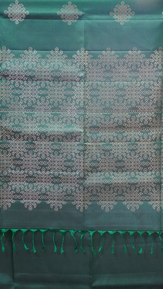 Pure Soft Silk Saree Kolam Print Bottle Green