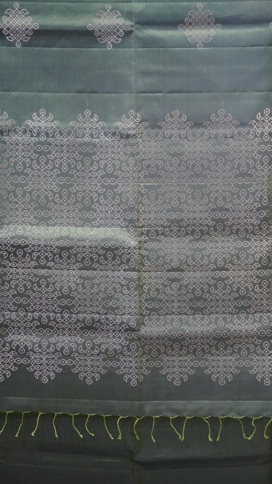 Pure Soft Silk Saree Kolam Print Mehandi Green