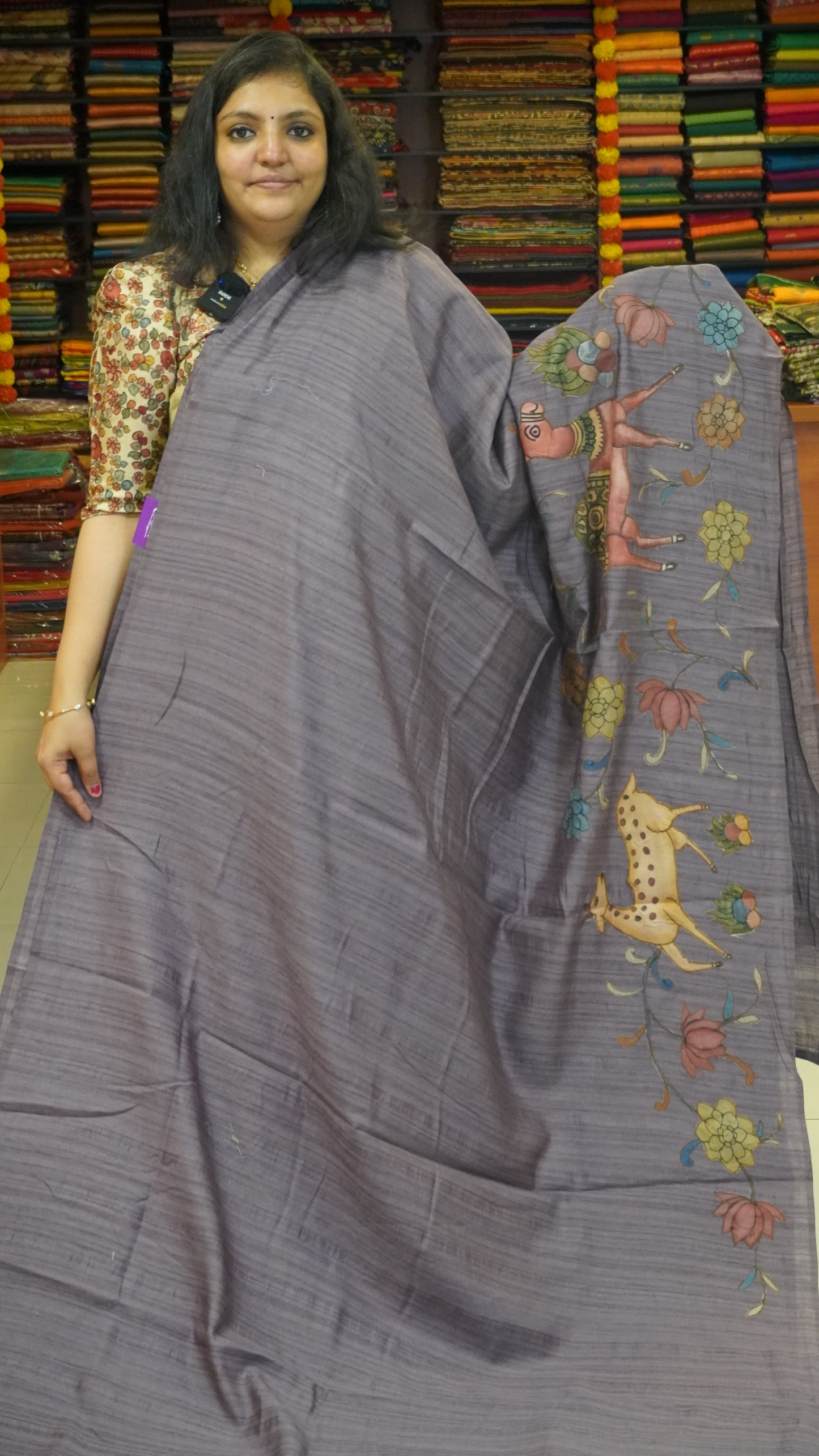 Jute Tussar Aplique Work Saree Lavendar