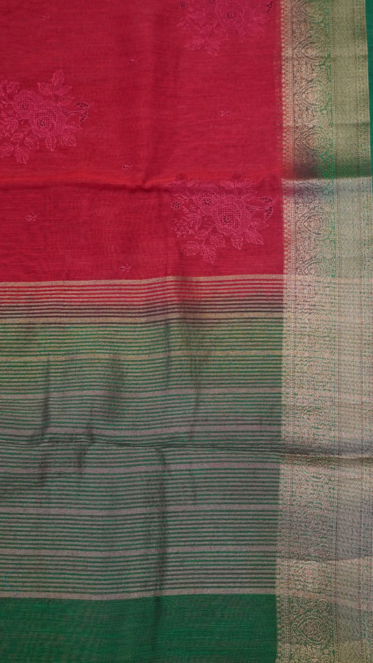 Bamboo Silk Saree-Red With Green