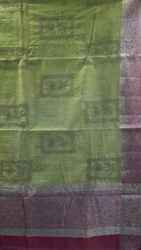 Bamboo Silk Saree-Sage Green Frame Flower Embryoid