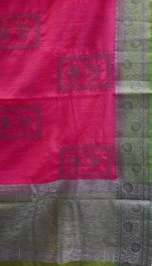 Bamboo Silk Saree-Rani Pink Frame Flower Embryoid