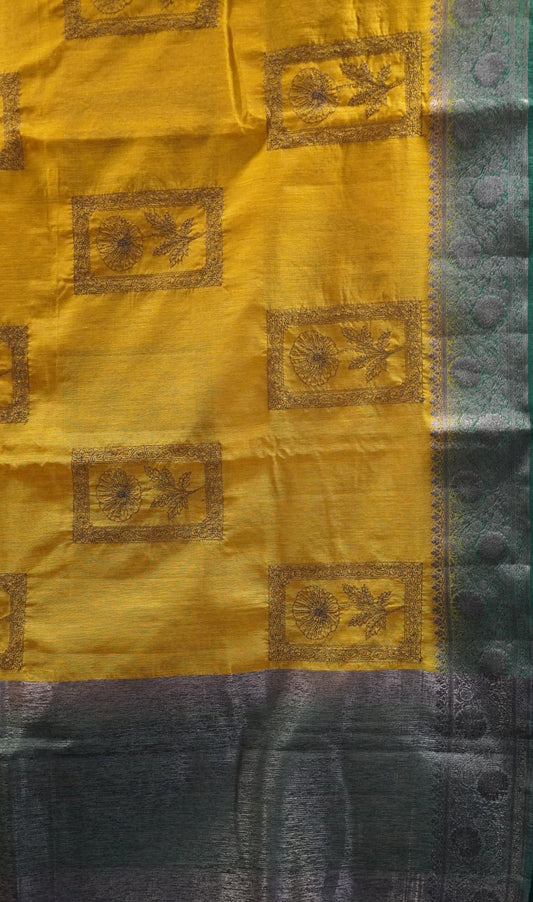Bamboo Silk Saree-Dark Mustard Frame Flower Embryoid