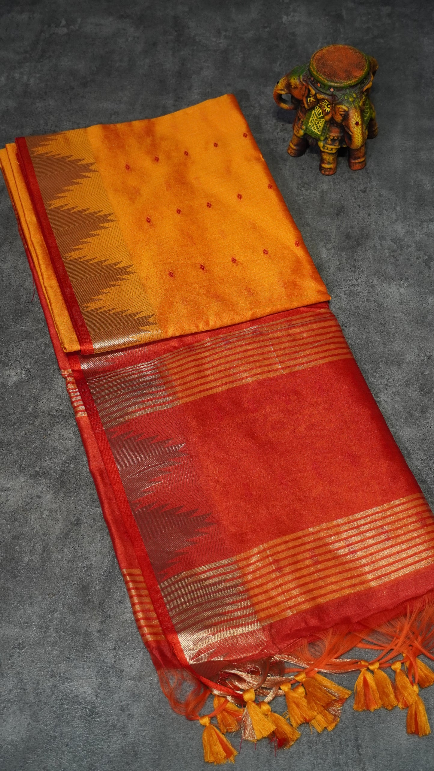 Semi Raw Silk Temple Border Mango Yellow to Red