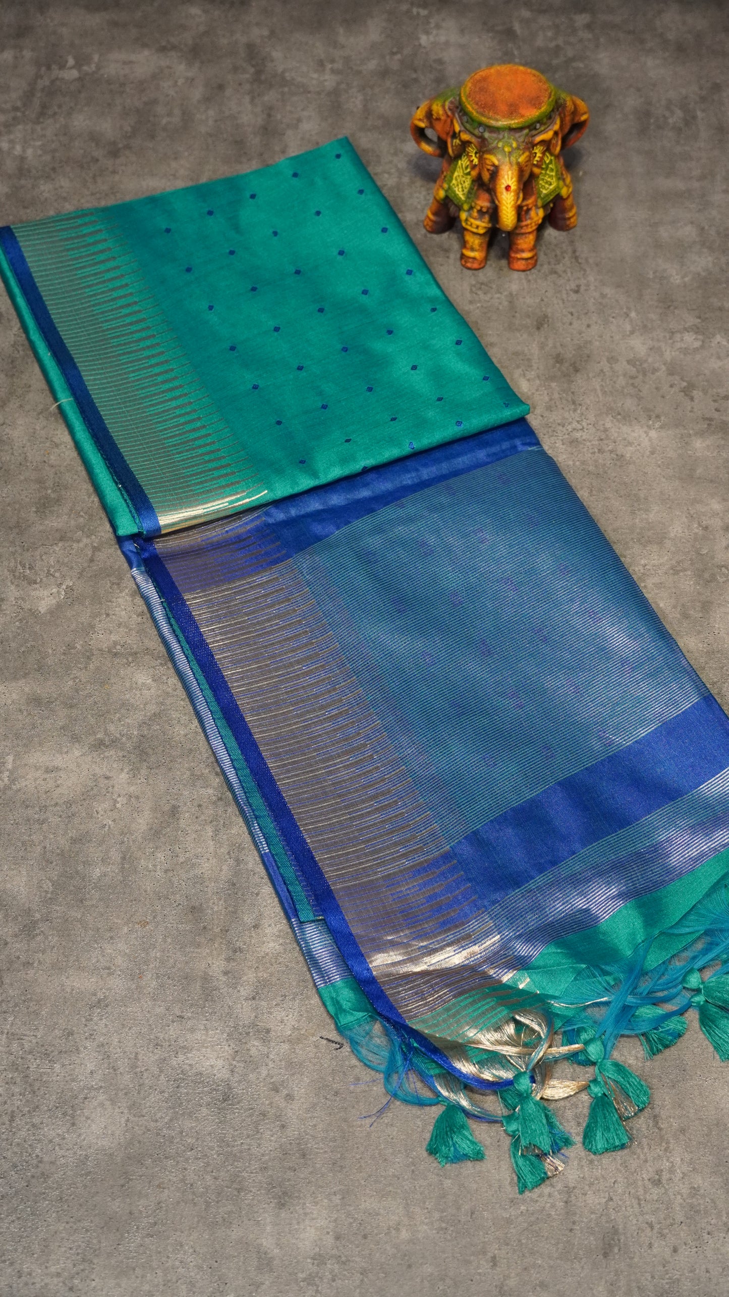 Semi Raw Silk Tower Border Peacock Green to Blue