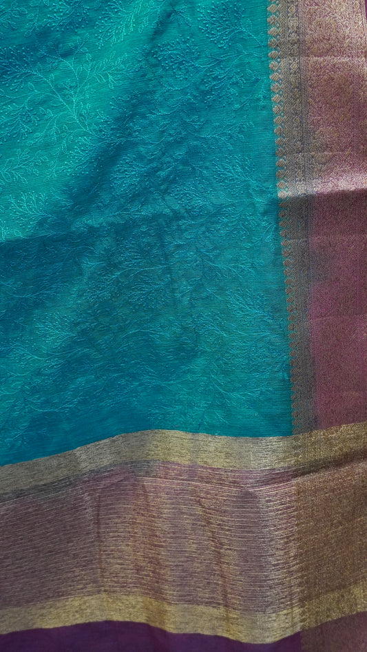 Bamboo Silk Saree-Peacock Green Gypso Thread Work