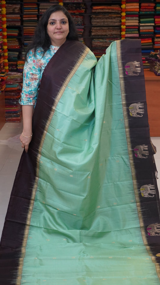 Pure Soft Silk Saree Elephant Border Green