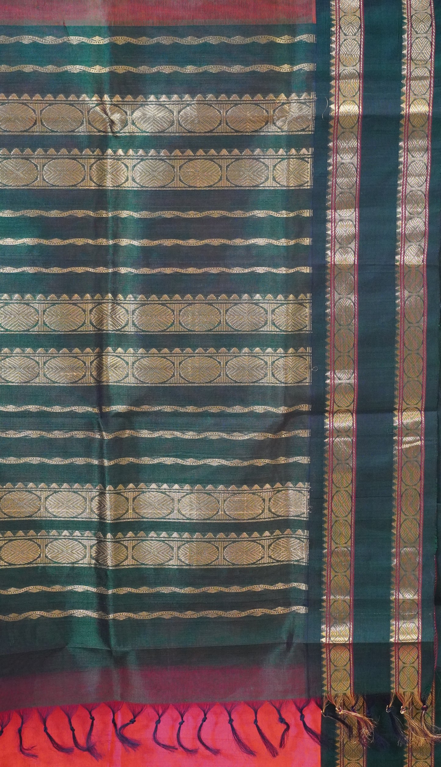 Silk Cotton Saree Rettapet Border Orange to Green