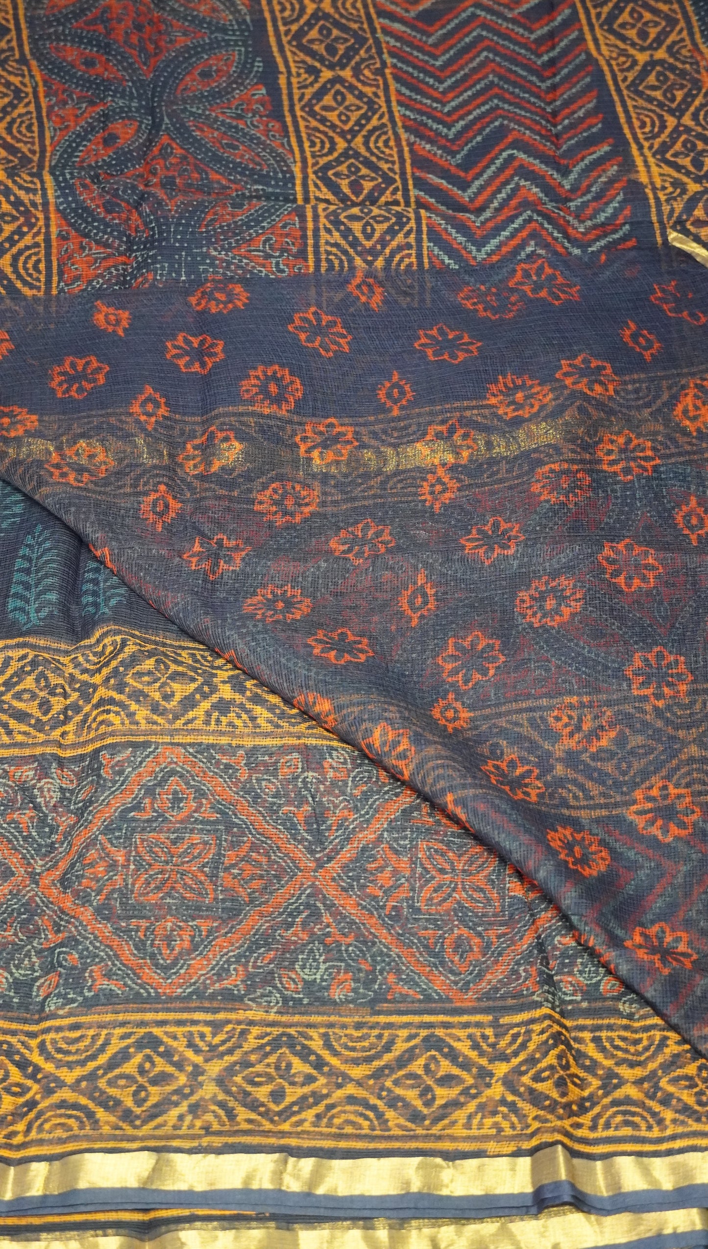 Kota Doria Cotton Saree Floral Print Blue