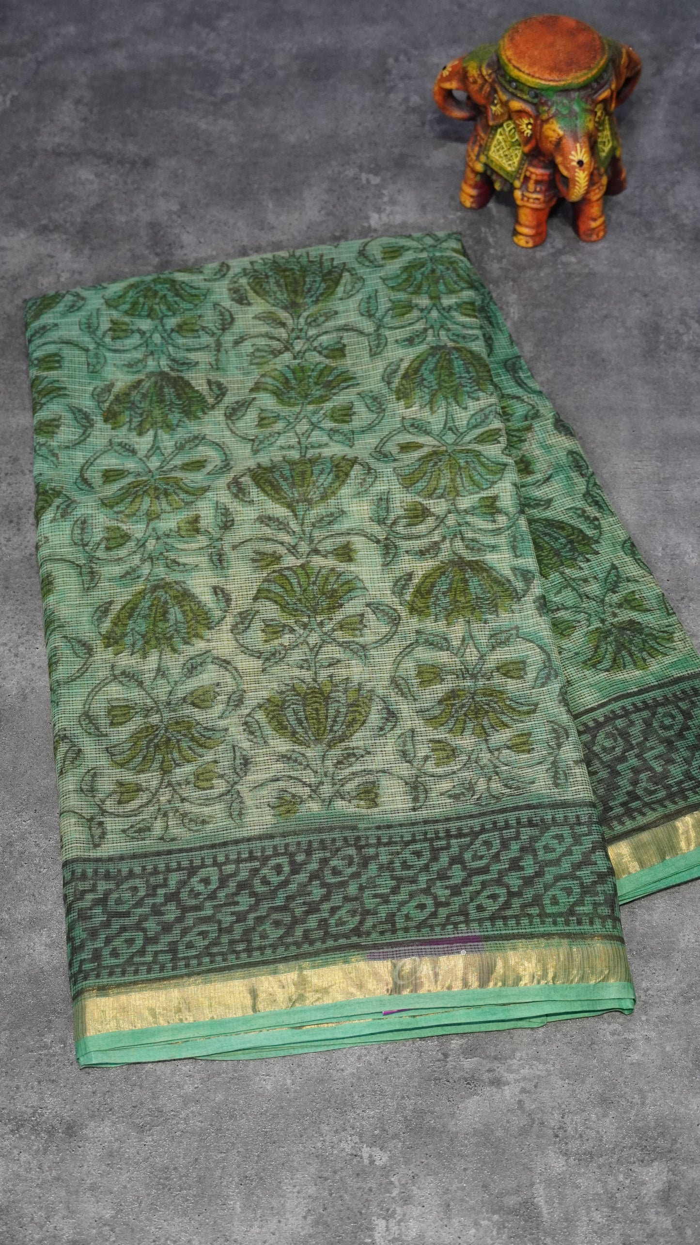 Kota Doria Cotton Saree Floral Green