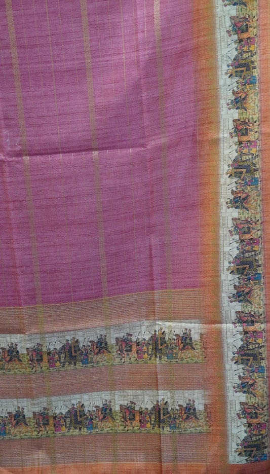 Semi Tussar Saree Floral -Pink Floral Maharaja Pattern