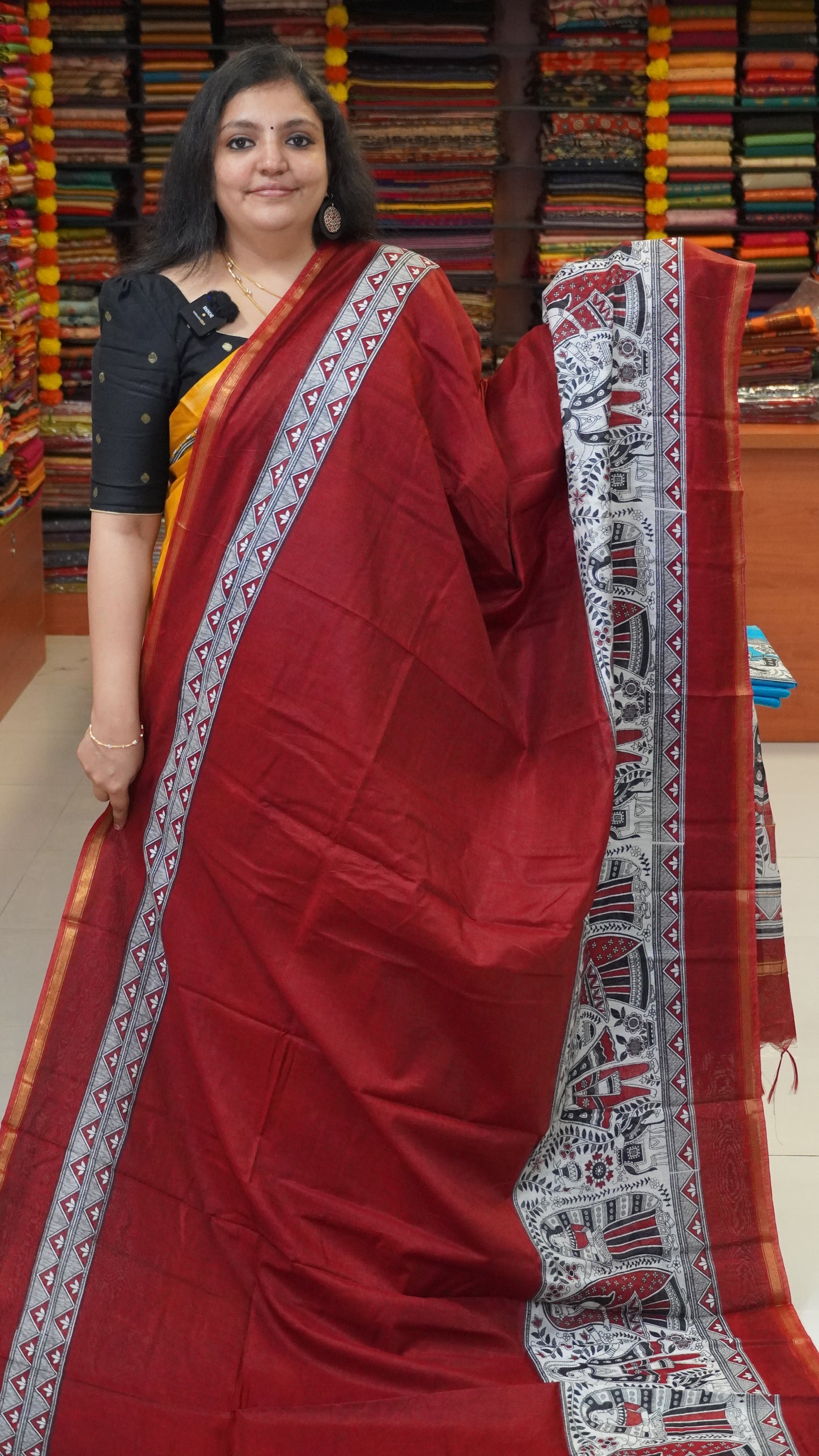 Semi Linen Lavender Saree With Madhubani Print Maroon