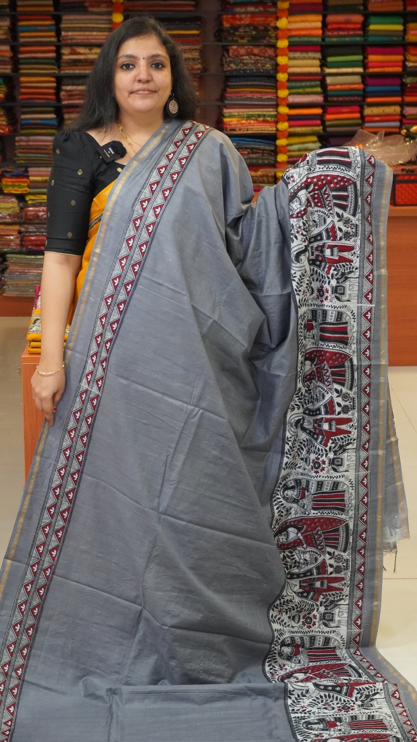 Semi Linen Lavender Saree With Madhubani Print Grey