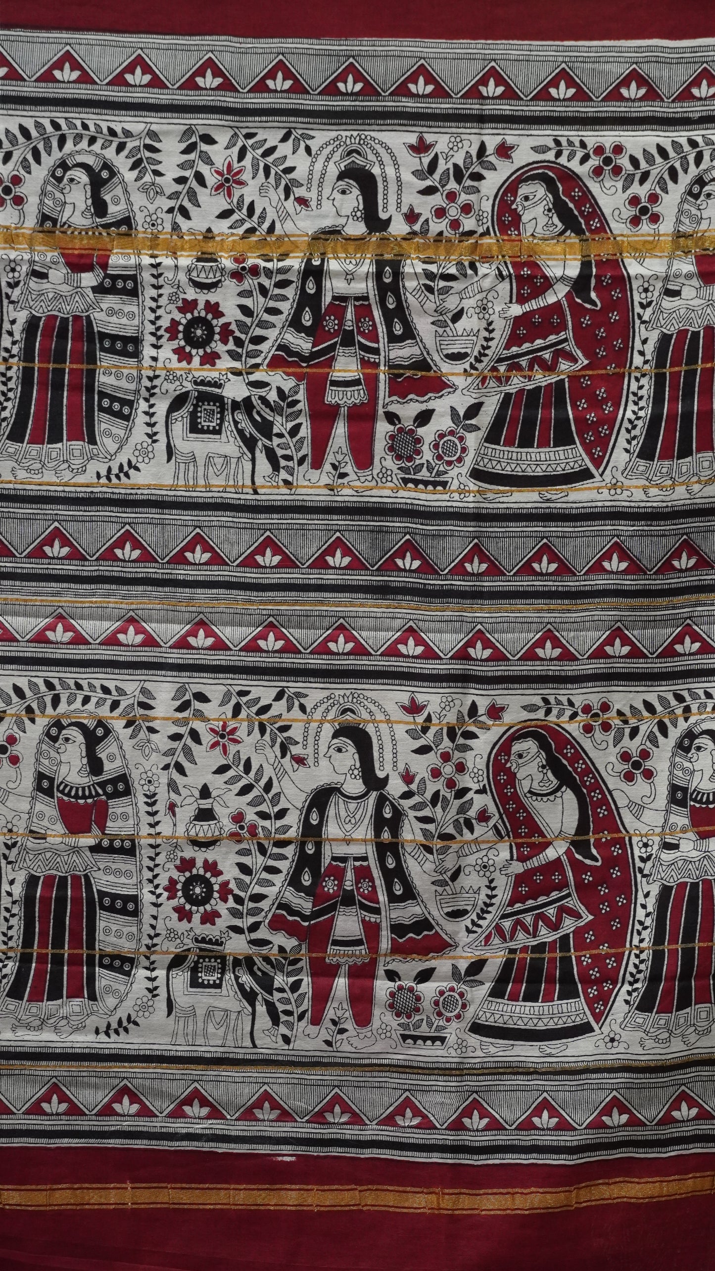 Semi Linen Lavender Saree With Madhubani Print Maroon