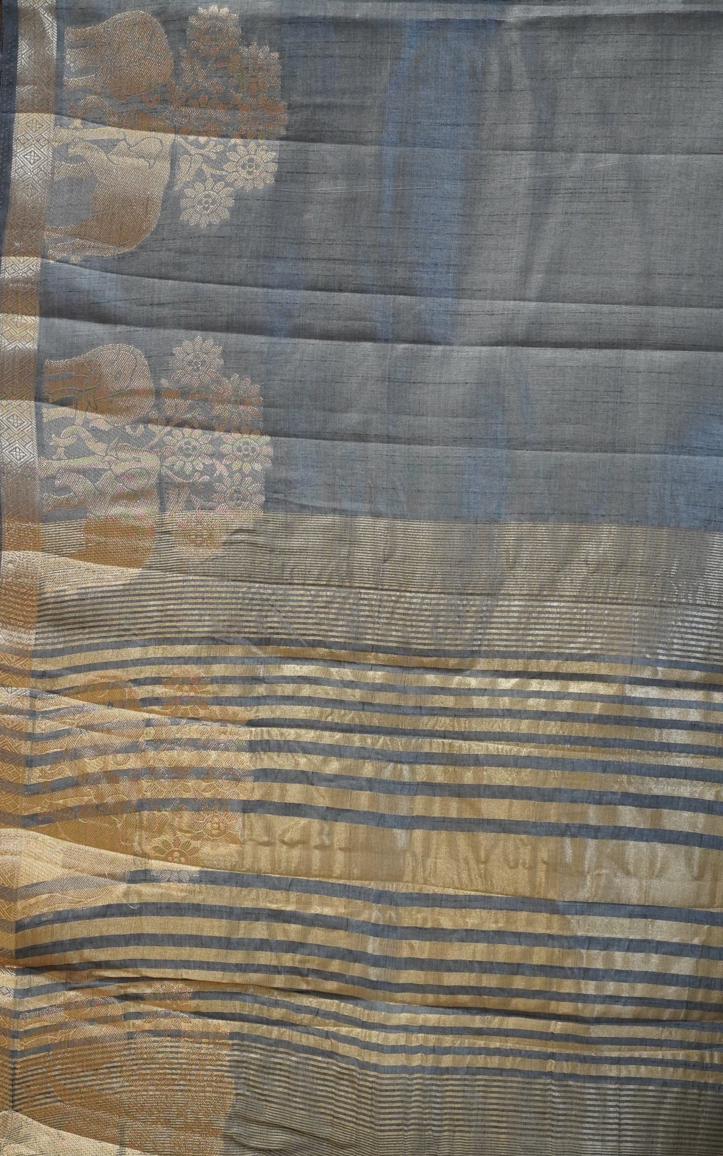 Semi Tussar Saree Elephant Print Grey