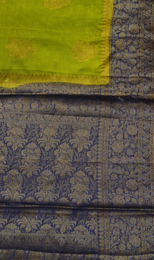 Pure Tussar Saree -Green Floral Zari Border